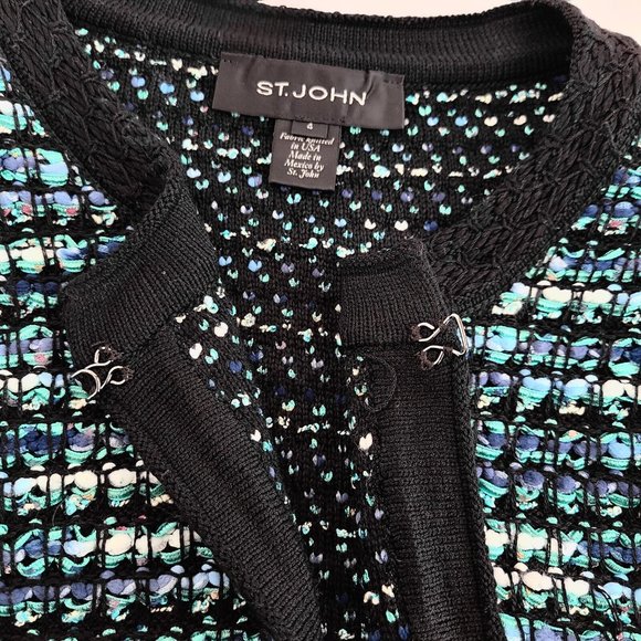 St John Boucle Knit Open Front Hook & Eye Jacket Womens 4 Teal - Picture 4 of 7
